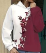 Women’s Gradient Ombre Hoodie – Burgundy & White with Cherry Blossom Print | Elegant Long-Sleeve Sweatshirt for Casual All-Season Wear