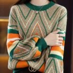 Women’s Korean Style Winter Sweater – Slim Fit Color-Block Pullover with Trendy Geometric Design