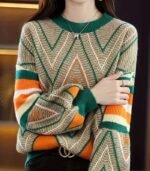Women’s Korean Style Winter Sweater – Slim Fit Color-Block Pullover with Trendy Geometric Design
