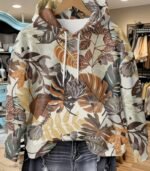 Women’s Oversized Botanical Leaf Print Hoodie – Cozy Full-Zip Hooded Sweatshirt with Earthy Tones | Loose-Fit Casual Outerwear for Fall & Winter