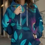 Women’s 3D Peacock Print Hoodie – Artistic Leaf Design Pullover with Drawstring Hood | Soft, Stretchy & Stylish Sweatshirt for Fall and Winter