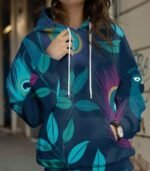 Women’s 3D Peacock Print Hoodie – Artistic Leaf Design Pullover with Drawstring Hood | Soft, Stretchy & Stylish Sweatshirt for Fall and Winter