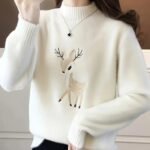 Women’s Christmas Sweater – Elegant Half-Turtleneck Pullover with Embroidered Deer Design for Cozy Winter Style