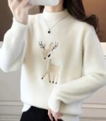 Women’s Christmas Sweater – Elegant Half-Turtleneck Pullover with Embroidered Deer Design for Cozy Winter Style