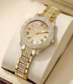 BERGCOZ’s Luxury Golden-Tone Quartz Watch – Elegant Square Bezel Analog Watch with Roman Numerals & -Accented Bracelet - Image 2
