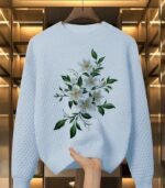 Women’s Blue Winter Sweater – Soft Slim-Fit Pullover with Leaf Pattern for Cozy Seasonal Style - Image 7