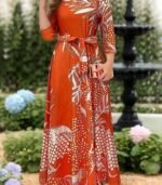 Women’s Floral A-Line Dress – Adjustable Waist Tie, Long Sleeves & Round Neck | Soft, Stretchy Fabric for All-Season Casual & Formal Wear