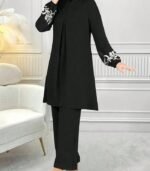 Women’s Embroidered Plant-Pattern Two-Piece Set – Long Sleeve Top & Pants | Elegant Arabic Outfit Without Headscarf - Image 9