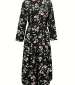 Women’s Elegant Floral Maxi Dress – Black with Red Flower Design, Lace-Up Front & Long Sleeves | Modest, Breathable & Stylish Outfit for All Seasons - Image 4