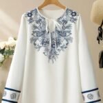 Women’s Elegant Floral Tie-Neck Blouse – White Long-Sleeve Button-Up Shirt with Blue Flower Design, Perfect for Daily Outfits, Vacations, and Effortless Year-Round Style