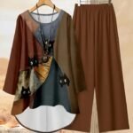 Women’s Casual Two-Piece Set – Loose Irregular Print Long Sleeve Top with Solid Color Pants, Trendy Round Neck Outfit for All Seasons