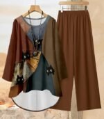 Women’s Casual Two-Piece Set – Loose Irregular Print Long Sleeve Top with Solid Color Pants, Trendy Round Neck Outfit for All Seasons