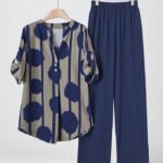 Women’s Navy Blue Polka Dot Two-Piece Set – Elegant V-Neck Button-Up Top with Wide-Leg Pants, Chic and Comfortable Outfit for All Seasons and Occasions