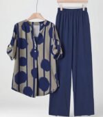 Women’s Navy Blue Polka Dot Two-Piece Set – Elegant V-Neck Button-Up Top with Wide-Leg Pants, Chic and Comfortable Outfit for All Seasons and Occasions