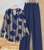 Golden Polka Dot Floral Two-Piece Set – Stylish Summer Outfit with Casual Long Pants for Holidays and Everyday Wear