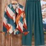 Women’s Geometric Print Two-Piece Set – Long-Sleeve Lapel Shirt with Solid Wide-Leg Pants and Symmetrical Pockets for a Chic Casual Look