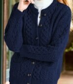 Women’s Navy Blue Geometric Cable-Knit Cardigan – Cozy Button-Front Sweater with Black Buttons, Round-Neck Long Sleeves, Perfect for Fall & Winter Layering