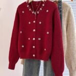 Women’s Red Floral-Accent Cardigan – Lightweight Button-Up Sweater with White Embroidered Details, Crew Neck, Long Sleeves, Perfect for Casual Fall & Winter Wear
