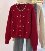 Women’s Red Floral-Accent Cardigan – Lightweight Button-Up Sweater with White Embroidered Details, Crew Neck, Long Sleeves, Perfect for Casual Fall & Winter Wear