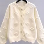 Women’s Elegant Knit Cardigan – Round Neck Long Sleeve Sweater with 3D Floral Embellishments, Wavy Hem, Button Accents, Solid Color, Perfect for Autumn & Winter