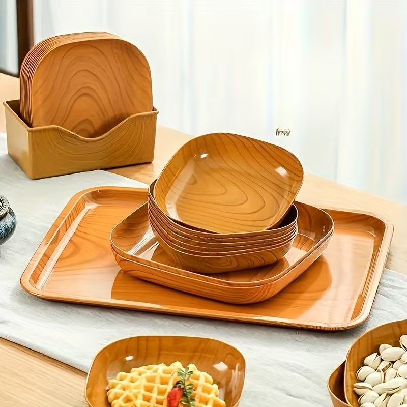 8pcs Faux Wood Plastic Serving Trays with Stand Set