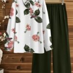 Women’s Chic Plant Print Two-Piece Set – Long-Sleeve Blouse with Solid Trousers, Elegant and Comfortable Outfit for Spring and Autumn
