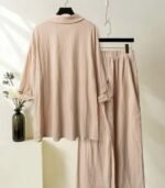 Women’s Elegant Embroidered Two-Piece Set – Loose Long Sleeve Stand Collar Shirt with Wide-Leg Straight Pants - Image 9