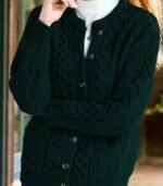 Women’s Navy Blue Geometric Cable-Knit Cardigan – Cozy Button-Front Sweater with Black Buttons, Round-Neck Long Sleeves, Perfect for Fall & Winter Layering - Image 4