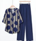 Women’s Navy Blue Polka Dot Two-Piece Set – Elegant V-Neck Button-Up Top with Wide-Leg Pants, Chic and Comfortable Outfit for All Seasons and Occasions - Image 3