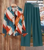 Women’s Geometric Print Two-Piece Set – Long-Sleeve Lapel Shirt with Solid Wide-Leg Pants and Symmetrical Pockets for a Chic Casual Look - Image 3