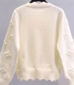 Women’s Elegant Knit Cardigan – Round Neck Long Sleeve Sweater with 3D Floral Embellishments, Wavy Hem, Button Accents, Solid Color, Perfect for Autumn & Winter - Image 3