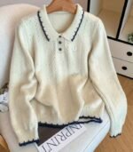 Women's Korean-Inspired Colorblock Sweater – Long Sleeve Pullover with Bow Accent and Lapel Detail, Soft & Cozy for Autumn and Winter Layering