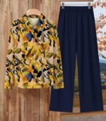 Women’s Geometric Art Print Two-Piece Set – Casual Lapel Shirt with Roll-Up Sleeves and Loose Pants, Ideal for Travel and Everyday Wear