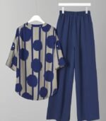 Women’s Navy Blue Polka Dot Two-Piece Set – Elegant V-Neck Button-Up Top with Wide-Leg Pants, Chic and Comfortable Outfit for All Seasons and Occasions - Image 4
