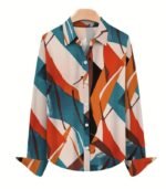 Women’s Geometric Print Two-Piece Set – Long-Sleeve Lapel Shirt with Solid Wide-Leg Pants and Symmetrical Pockets for a Chic Casual Look - Image 4