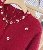 Women’s Red Floral-Accent Cardigan – Lightweight Button-Up Sweater with White Embroidered Details, Crew Neck, Long Sleeves, Perfect for Casual Fall & Winter Wear - Image 4