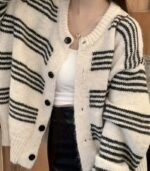 Women's Oversized Vintage Sweater – Soft Beige & Black Striped Cardigan with Round Neck, Relaxed Fit, All-Season Cozy Pullover - Image 4