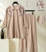 Women’s Elegant Embroidered Two-Piece Set – Loose Long Sleeve Stand Collar Shirt with Wide-Leg Straight Pants - Image 7