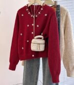 Women’s Red Floral-Accent Cardigan – Lightweight Button-Up Sweater with White Embroidered Details, Crew Neck, Long Sleeves, Perfect for Casual Fall & Winter Wear - Image 5