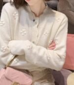 Women’s Elegant Knit Cardigan – Round Neck Long Sleeve Sweater with 3D Floral Embellishments, Wavy Hem, Button Accents, Solid Color, Perfect for Autumn & Winter - Image 5