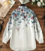 Women’s Floral Print Long-Sleeve Shirt – Elegant Loose-Fit Button-Up Blouse with Front Pockets, Featuring Blue and Red Flower Patterns on White Fabric, Perfect for Effortless Fall and Winter Casual Style - Image 3