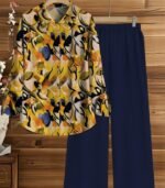 Women’s Geometric Art Print Two-Piece Set – Casual Lapel Shirt with Roll-Up Sleeves and Loose Pants, Ideal for Travel and Everyday Wear - Image 3