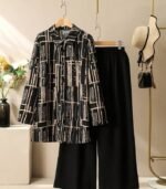 Women’s Black and White Striped Two-Piece Set – Casual Long Sleeve Printed Blouse with Straight Pants, Comfortable All-Season Outfit Made from Soft Polyester Fabric