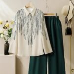 Women’s Casual Two-Piece Set – Long-Sleeve Plant Print Shirt with Solid Trousers and Handy Pockets for Spring and Summer