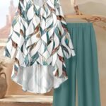 Women’s Casual Elegant Two-Piece Set – Loose Long Sleeve Top and Leaf Print Pants, Stylish Outfit for All Seasons
