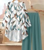 Women’s Casual Elegant Two-Piece Set – Loose Long Sleeve Top and Leaf Print Pants, Stylish Outfit for All Seasons