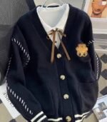 Women’s Navy & White Color-Block Cardigan – V-Neck Sweater Jacket with Tie-Front and Button Closure, Long-Sleeve Cozy Layer for Fall and Winter