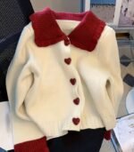 Women’s Soft Knit Red Contrast Collar Cardigan – Stylish Button-Front Winter Sweater