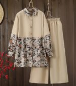 Women’s Plus Size Printed Patchwork Two-Piece Set – Long Sleeve Top & Loose Pants