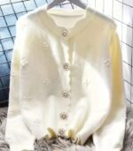 Women’s Elegant Knit Cardigan – Round Neck Long Sleeve Sweater with 3D Floral Embellishments, Wavy Hem, Button Accents, Solid Color, Perfect for Autumn & Winter - Image 6